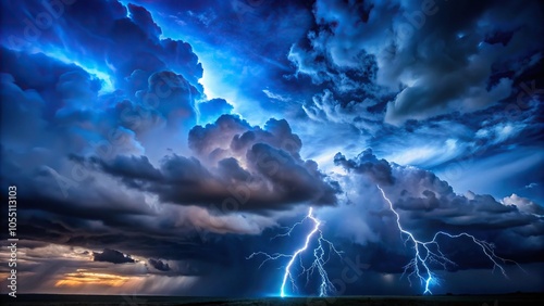 Dark, foreboding clouds gathering on the horizon with an electric blue sky and flashes of lightning, heavy, chaotic photo