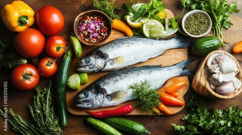 Overhead view of a wooden table with fresh ingredients for a healthy Mediterranean inspired meal including whole fish colorful vegetables herbs and spices ready for culinary