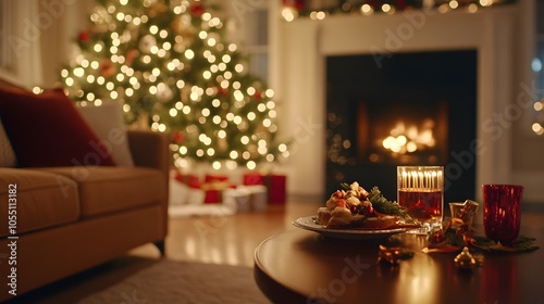 A cozy living room with a decorated Christmas tree, glowing lights, and a festive table setting featuring candles and food.