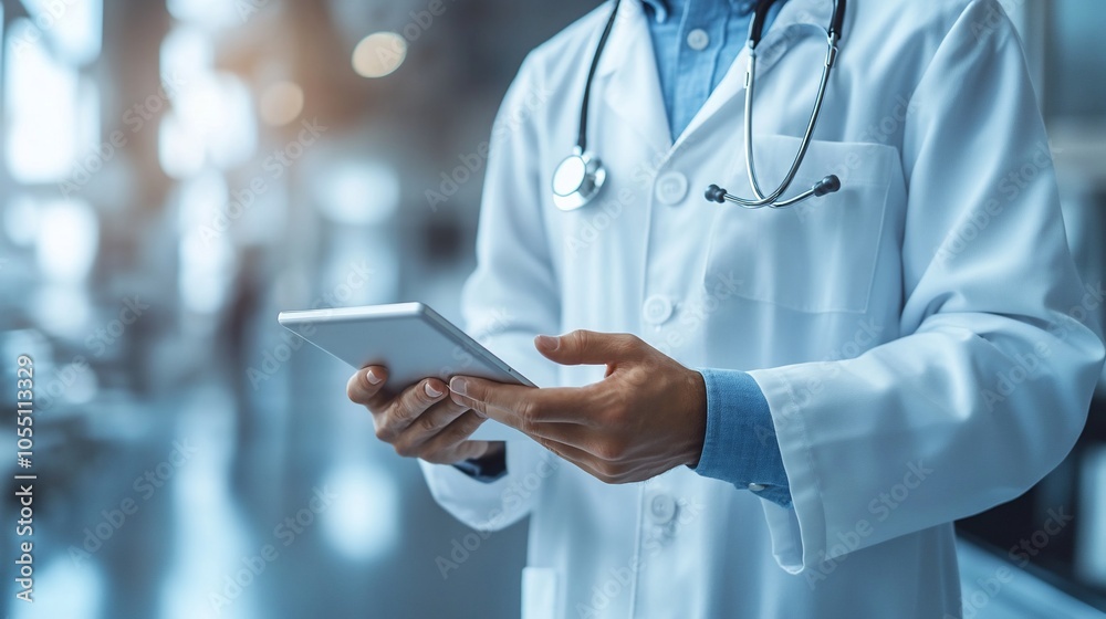 A healthcare professional in a lab coat using a tablet in a clinical setting. A healthcare professional in a lab coat using a tablet in a clinical setting.