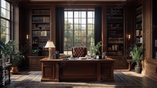 A classic, elegant home office with a large desk, leather chair, and built-in bookshelves. Natural light streams in from a large window behind the desk, illuminating the space.