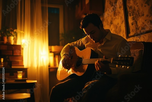 A Man Serenading the Darkness: Acoustic Guitar Melodies in an Ambient Glow photo