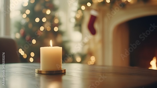 A cozy candle illuminates a festive setting with a Christmas tree and a fireplace, embodying warmth and holiday spirit.