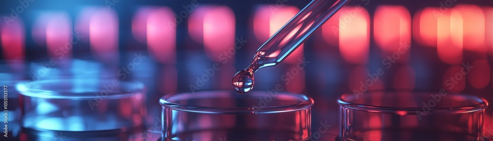 Close-up of a Pipette Dropping Liquid into Petri Dish in a Laboratory with Vibrant Neon Lighting Close-up of a Pipette Dropping Liquid into Petri Dish in a Laboratory with Vibrant Neon Lighting