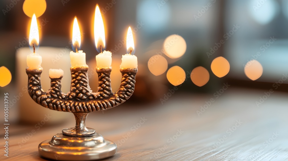 A beautifully lit menorah with candles glowing warmly, resting on a wooden surface, surrounded by a tranquil background blur, evoking a sense of peace and tradition. A beautifully lit menorah with candles glowing warmly, resting on a wooden surface, surrounded by a tranquil background blur, evoking a sense of peace and tradition.