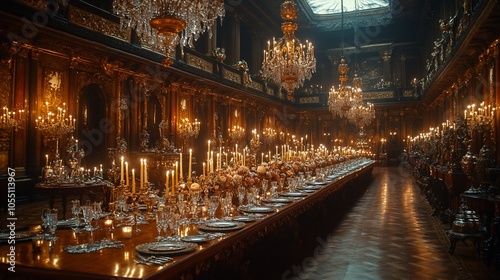 A long, opulent dining table set for a formal dinner party in a grand ballroom with ornate chandeliers, candles and a glass roof.