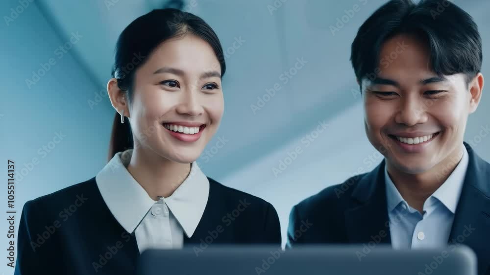 Colleagues smiling while working together on a project in a professional setting Colleagues smiling while working together on a project in a professional setting