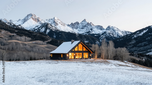 Wooden chalet nestled amidst snow-kissed alpine peaks, offering a cozy winter escape