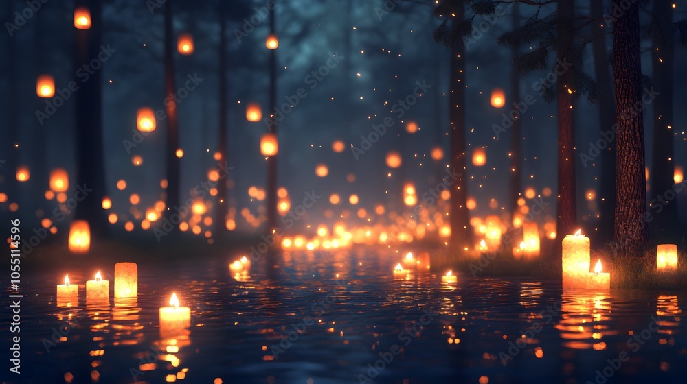 A serene forest scene illuminated by floating lanterns, reflecting softly on water, creating a magical and tranquil atmosphere. A serene forest scene illuminated by floating lanterns, reflecting softly on water, creating a magical and tranquil atmosphere.