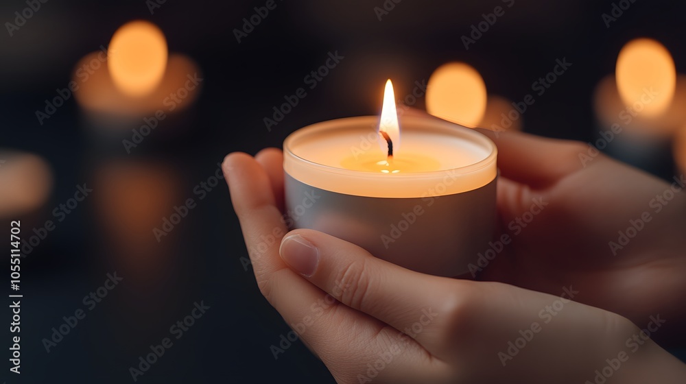 A serene image of a person's hands holding a lit candle, surrounded by soft candlelight glow, evoking a sense of calmness and tranquility. A serene image of a person's hands holding a lit candle, surrounded by soft candlelight glow, evoking a sense of calmness and tranquility.