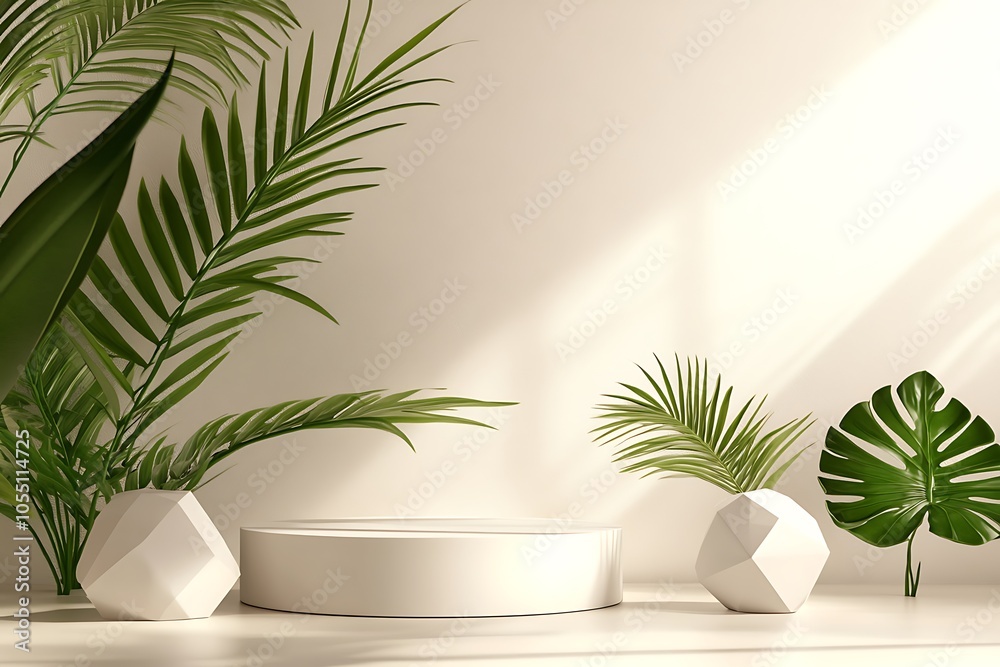 3D render podium, showcase on light white background with shadows in green tropical leaves of plants. Abstract natural,organic background for advertising products, spa body care, relaxation, health. 3D render podium, showcase on light white background with shadows in green tropical leaves of plants. Abstract natural,organic background for advertising products, spa body care, relaxation, health.