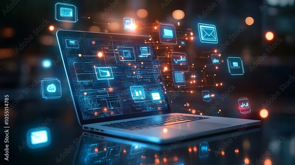 Technology in education concept with laptop and floating online courses icons Technology in education concept with laptop and floating online courses icons