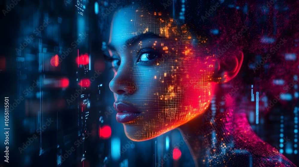 Futuristic neon-lit portrait of a woman, puzzle pieces missing from her head, AI-like digital lines replacing brain parts, symbolizing memory retrieval, cyber-fantasy style Futuristic neon-lit portrait of a woman, puzzle pieces missing from her head, AI-like digital lines replacing brain parts, symbolizing memory retrieval, cyber-fantasy style