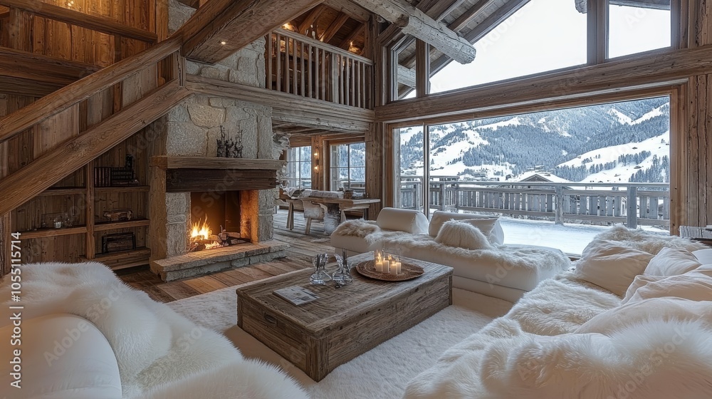 A cozy living room with a fireplace, a view of snow-capped mountains, and two white couches. A cozy living room with a fireplace, a view of snow-capped mountains, and two white couches.
