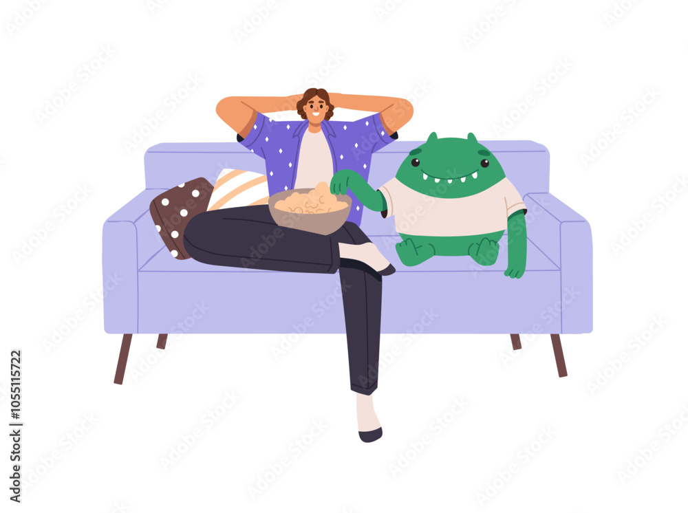 Lazy person with bad self discipline delays business and has a rest on couch, watches TV. Careless man postpones work and relax. Procrastination concept. Flat isolated vector illustration on white