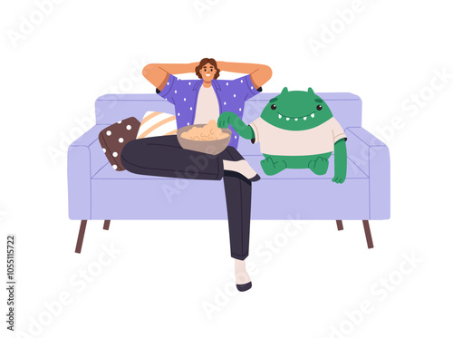 Lazy person with bad self discipline delays business and has a rest on couch, watches TV. Careless man postpones work and relax. Procrastination concept. Flat isolated vector illustration on white