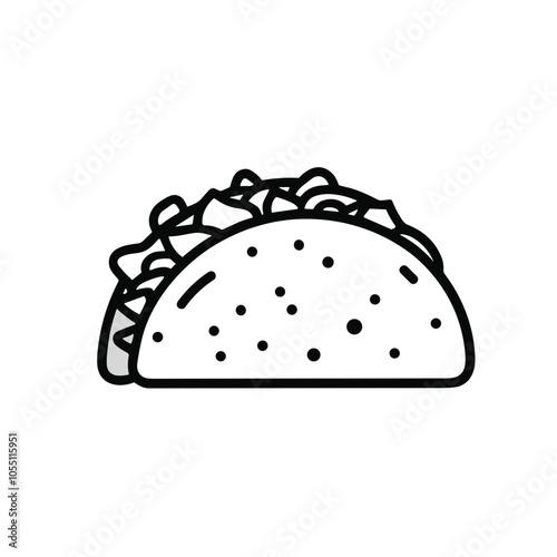 Taco Food Vector Icon, Black Lines, Mexican Cuisine Representation