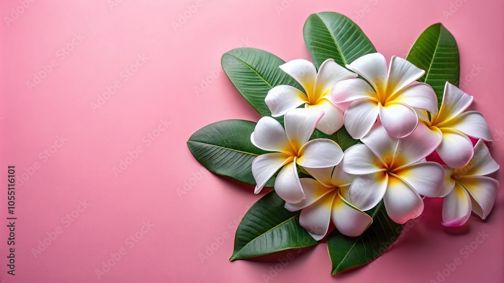 White Plumeria flowers and green leaves on pink background White Plumeria flowers and green leaves on pink background