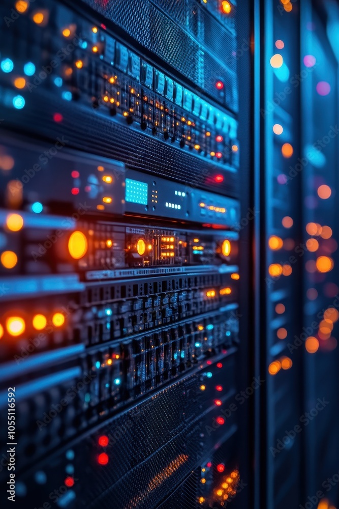 Modern Data Center with Glowing Server Racks and LED Lights in a High-Tech Environment Modern Data Center with Glowing Server Racks and LED Lights in a High-Tech Environment