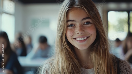 Happy Young Girl Smiling in Classroom Setting