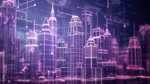 Futuristic cityscape with digital blueprints overlay