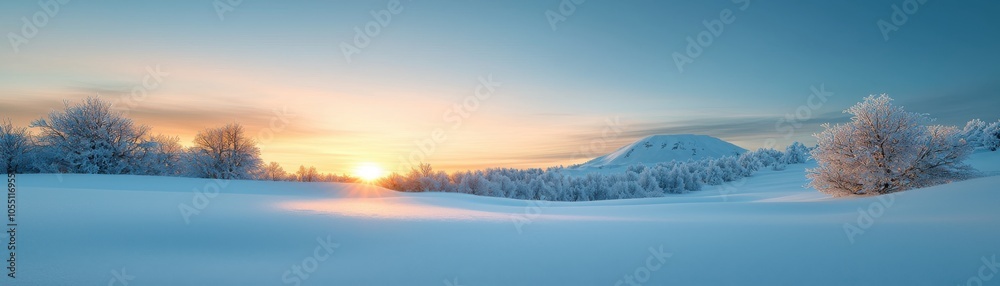 Serene winter landscape with snow-covered fields and a colorful sunset in the background. Serene winter landscape with snow-covered fields and a colorful sunset in the background.