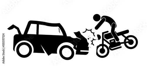Isolated pictogram car and bike collision, vehicle crash, road accident