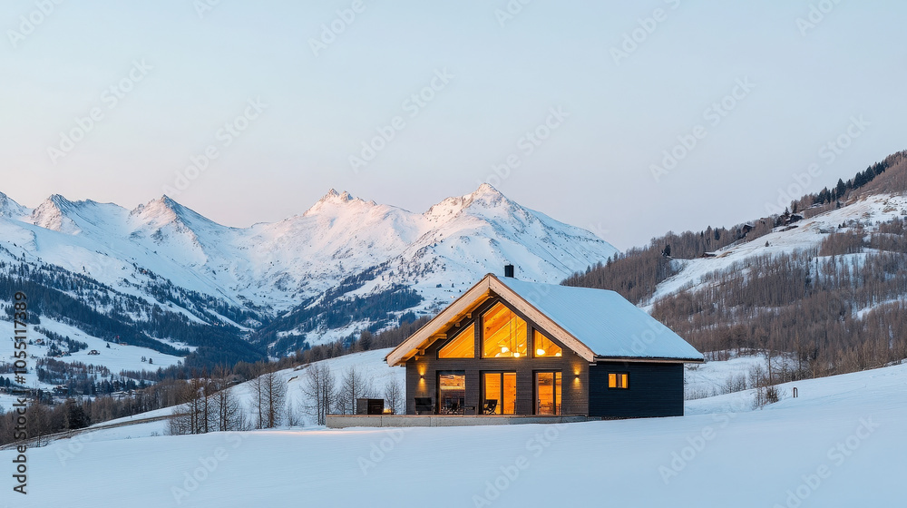 Fototapeta premium A cozy wooden chalet nestled amidst snow-kissed alpine peaks