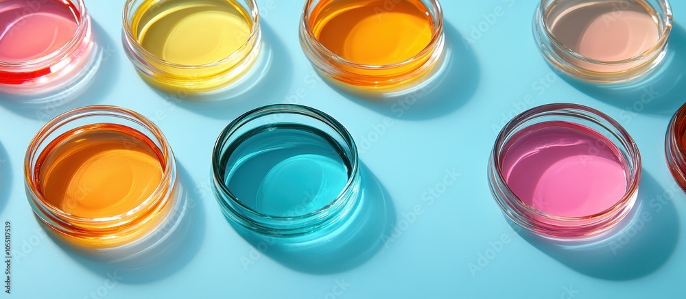 Colorful Petri Dishes with Vibrant Liquids on Blue Background in Laboratory Setting for Scientific Research and Experimentation Colorful Petri Dishes with Vibrant Liquids on Blue Background in Laboratory Setting for Scientific Research and Experimentation