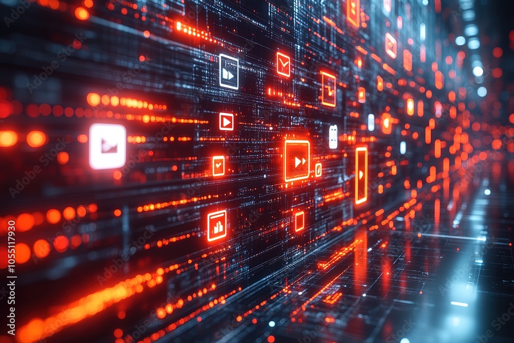 Digital social media icons in a futuristic cyberspace setting with glowing lights. Digital social media icons in a futuristic cyberspace setting with glowing lights.