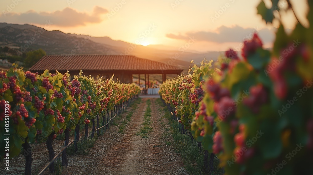 Naklejka premium A dirt path winds through rows of grapevines towards a rustic building with a group of people enjoying the sunset.