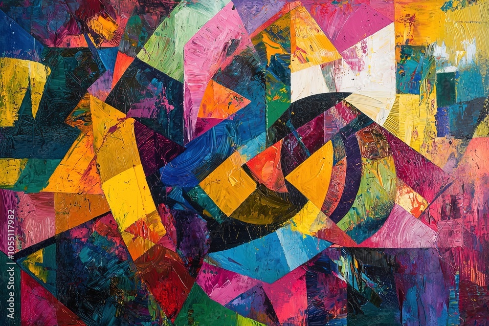 Fototapeta premium abstract oil painting, with bold contrasting colors in geometric shapes and strong brushstrokes, surrounded by layers of thick paint and swirling patterns, creating a vibrant and intense composition