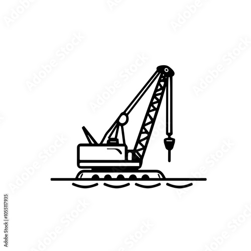 Crane Illustration, Minimalist, Construction Machinery, Black and White