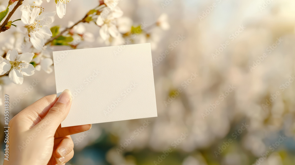 Hand holding a blank white card in front of blooming cherry tree branches, perfect for springtime greetings Hand holding a blank white card in front of blooming cherry tree branches, perfect for springtime greetings