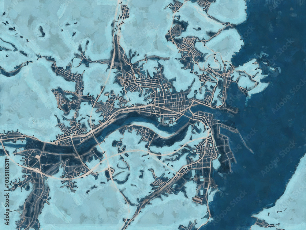 Obraz premium Painterly Style City Map of Miyako, Japan in a Blue Color Scheme.