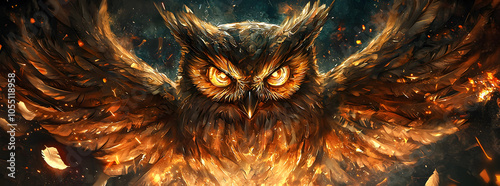 Fiery owl with intense gaze and outstretched wings.