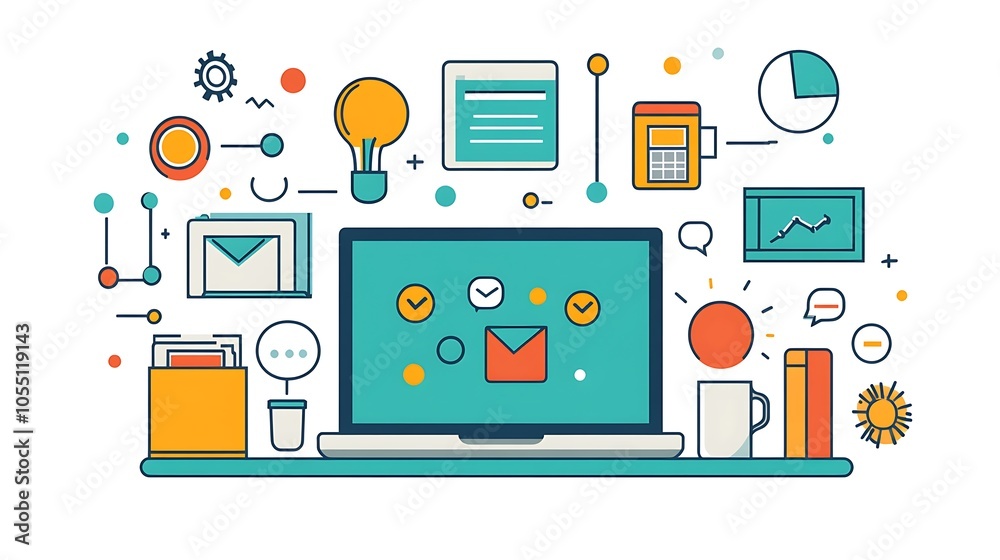Desk with laptop and icons representing technology internet and online courses concept Desk with laptop and icons representing technology internet and online courses concept