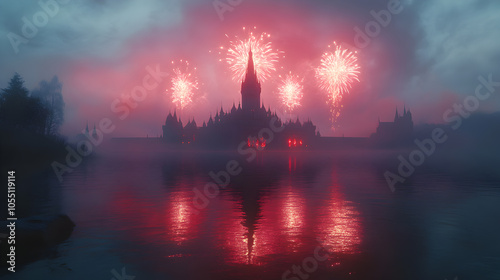 Fireworks display over a historic building in a misty night.