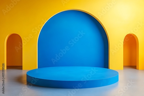 yellow and blue color cylinder stand podium. Minimal wall scene for mockup product display. Stage for showcase. 3d illustration