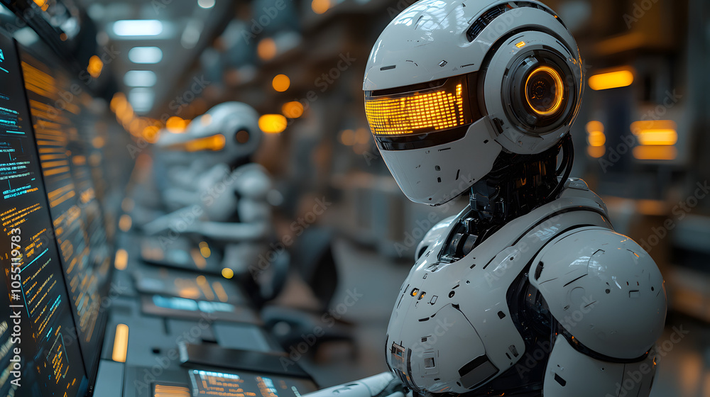 A High-Tech Office Scene Where Robots Handle Repetitive Administrative Tasks, Demonstrating Workplace Automation, Efficiency, and the Future of Artificial Intelligence in Modern Corporate Environments A High-Tech Office Scene Where Robots Handle Repetitive Administrative Tasks, Demonstrating Workplace Automation, Efficiency, and the Future of Artificial Intelligence in Modern Corporate Environments