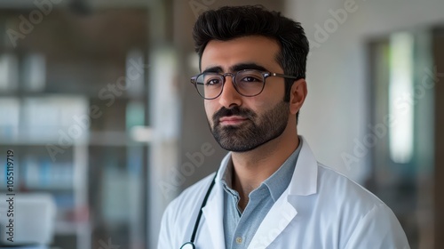 Engaged Pakistani Male Optometrist in Medical Coat: Conducting Eye Exam in a Modern Vision Clinic, Photorealistic Portrait with Soft Lighting in 8K Resolution.