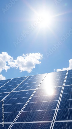 Solar panels under sunlight with blue sky and clouds renewable energy concept solar panel Ultra realistic Photorealistic  photo