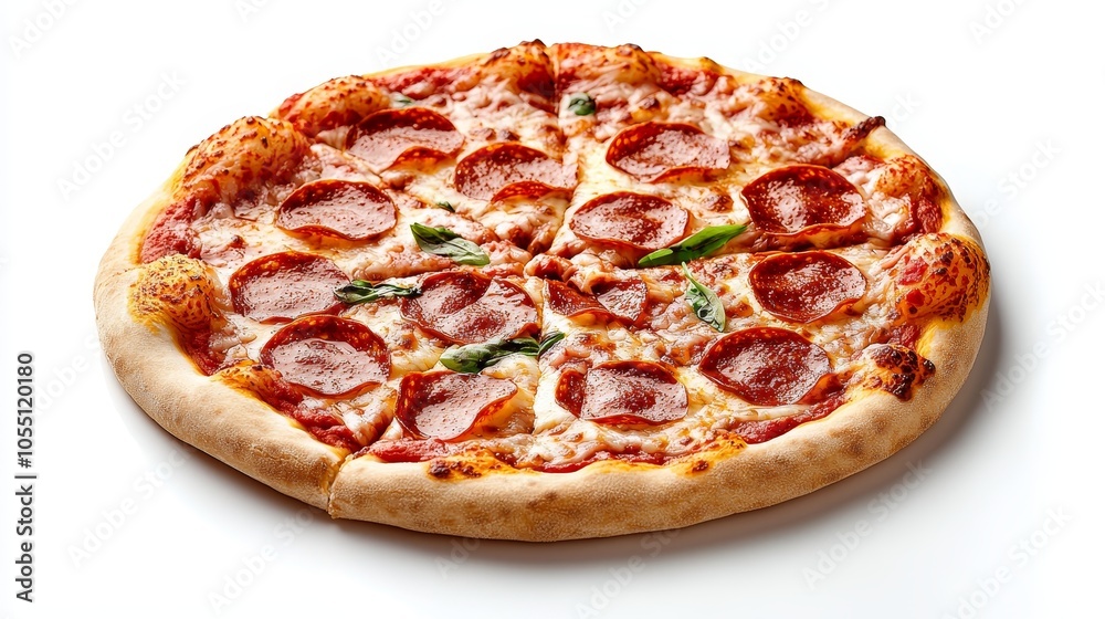 Freshly baked pepperoni pizza, thin crust with vibrant pepperoni and melted cheese spread evenly, resting on a white surface, detailed texture