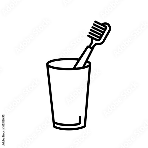 Vector toothbrush in a cup, line art, dental hygiene