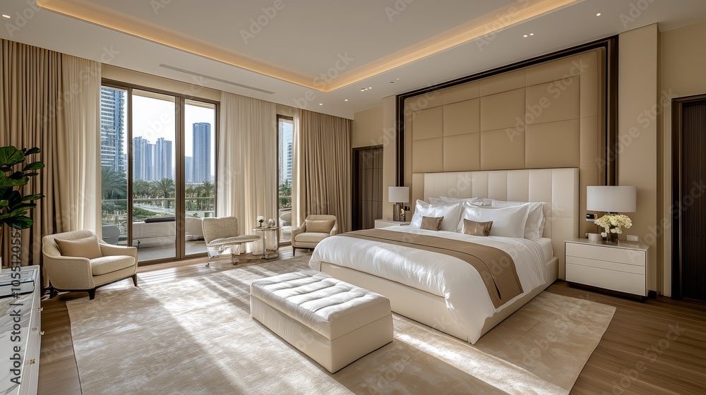 Fototapeta premium A luxurious bedroom with a king-size bed, a large window overlooking a city skyline, and a plush armchair.