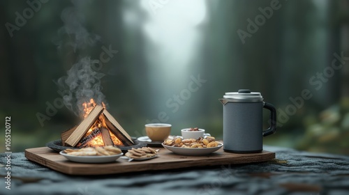 Cozy campfire setup with food, drink, and nature backdrop in a serene forest setting. photo