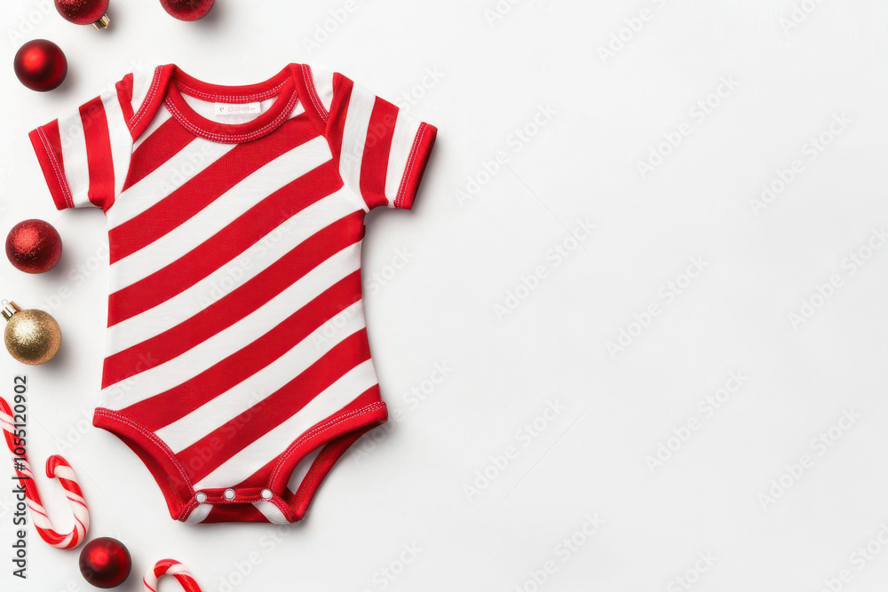 Obraz premium Baby bodysuit with Christmas candy cane pattern, styled on a snowy white surface with red and gold ornaments, festive and bright, clean mockup