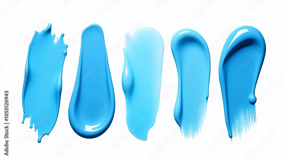 Set of different strokes and drops of translucent blue gel on white background Set of different strokes and drops of translucent blue gel on white background