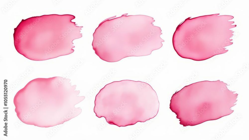 Set of different strokes and drops of translucent pink gel on white background Set of different strokes and drops of translucent pink gel on white background