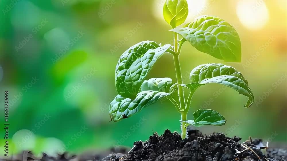 Young green plant sprouting from rich dark soil, symbolizing growth and renewal.